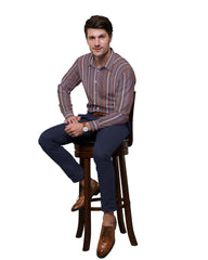 BLUE, WHITE & BROWN THICK STRIP LINE COTTON SHIRT