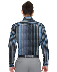BLACK WHITE DARK GREY & BLUE THICK STRIP LINE COTTON SHIRT