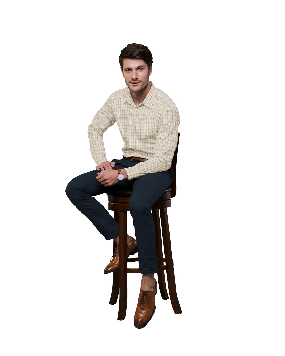 IVORY WITH WHITE, GREY & BLUE CHECKS COTTON SHIRT