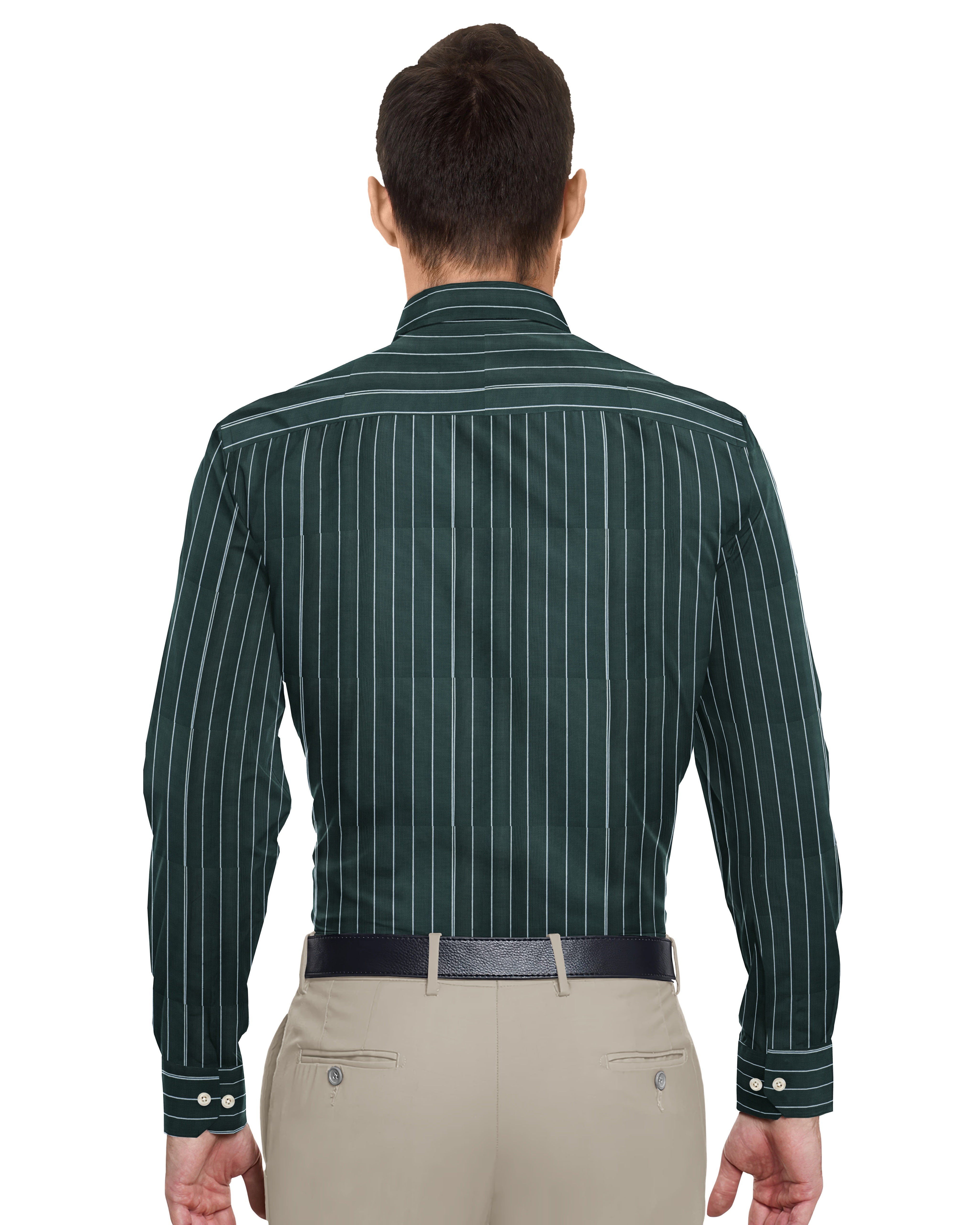 OLIVE GREEN WITH THIN LINE COTTON SHIRT + BUTTER IVORY FORMAL COTTON PANT