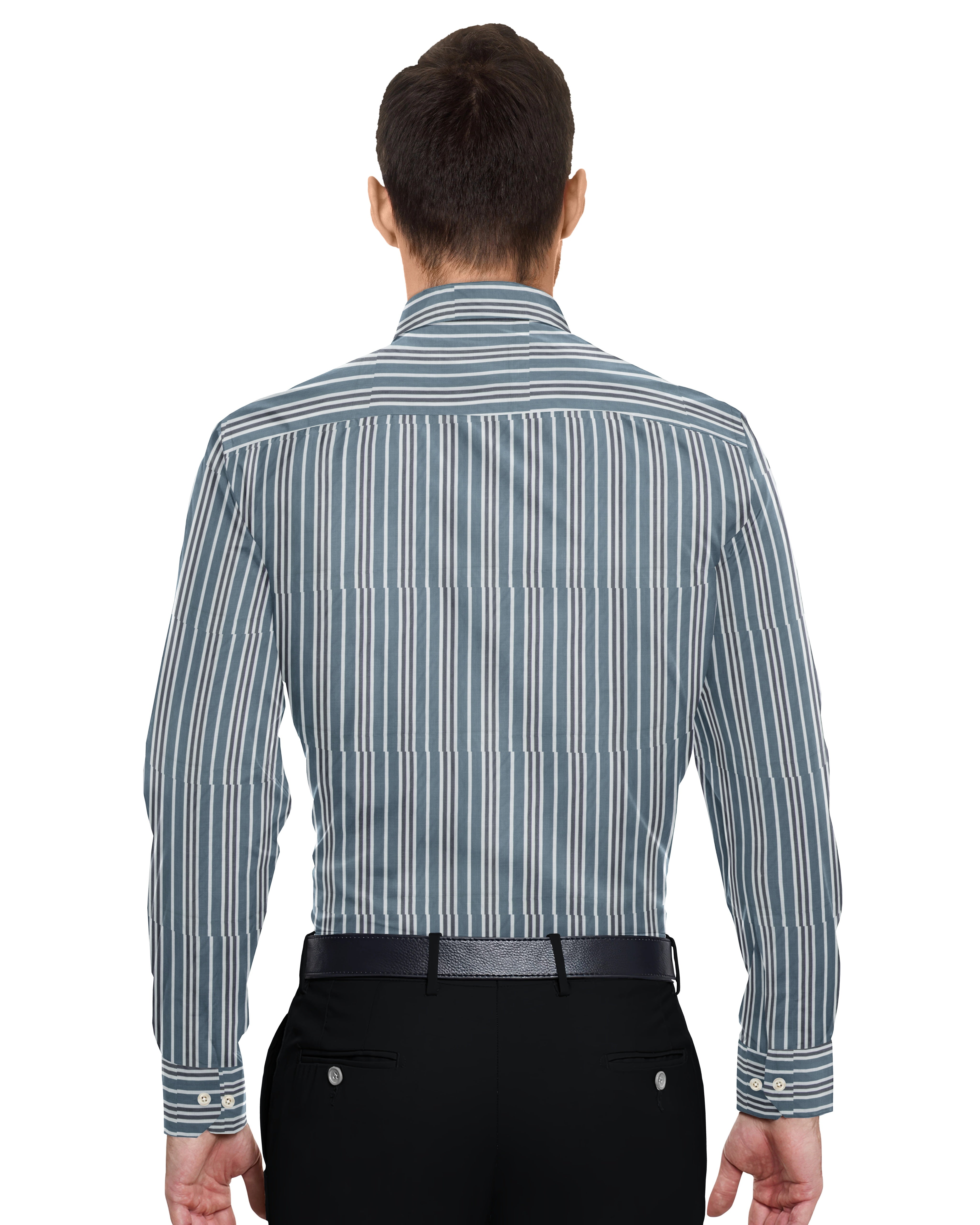 WHITE, BLACK & SKY THICK STRIP LINE COTTON SHIRT + DARK BLACK FORMAL COTTON PANT