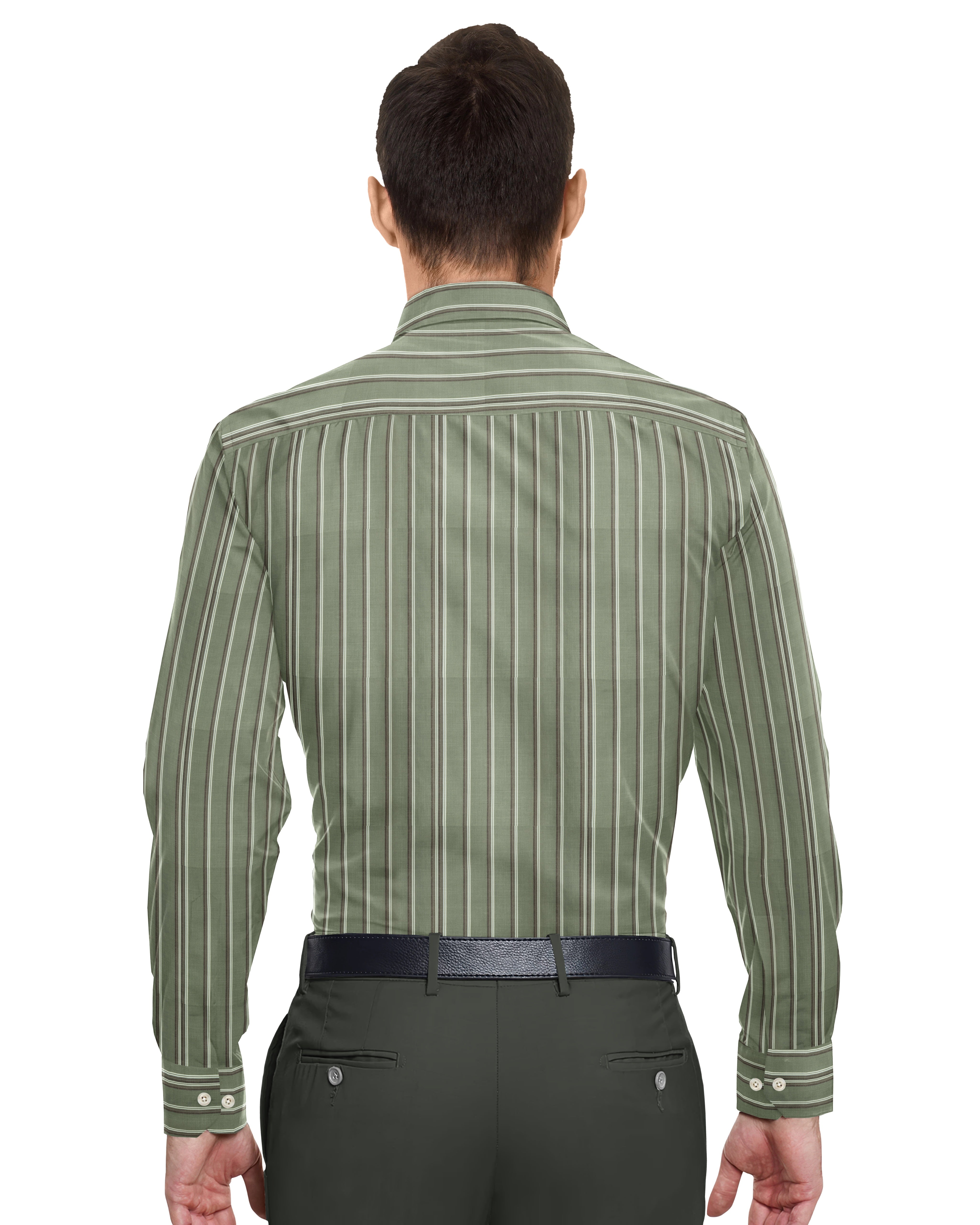 MULTI GREEN WITH WHITE & BROWN THIN LINE COTTON SHIRT + DARK HENNA GREEN FORMAL COTTON PANT