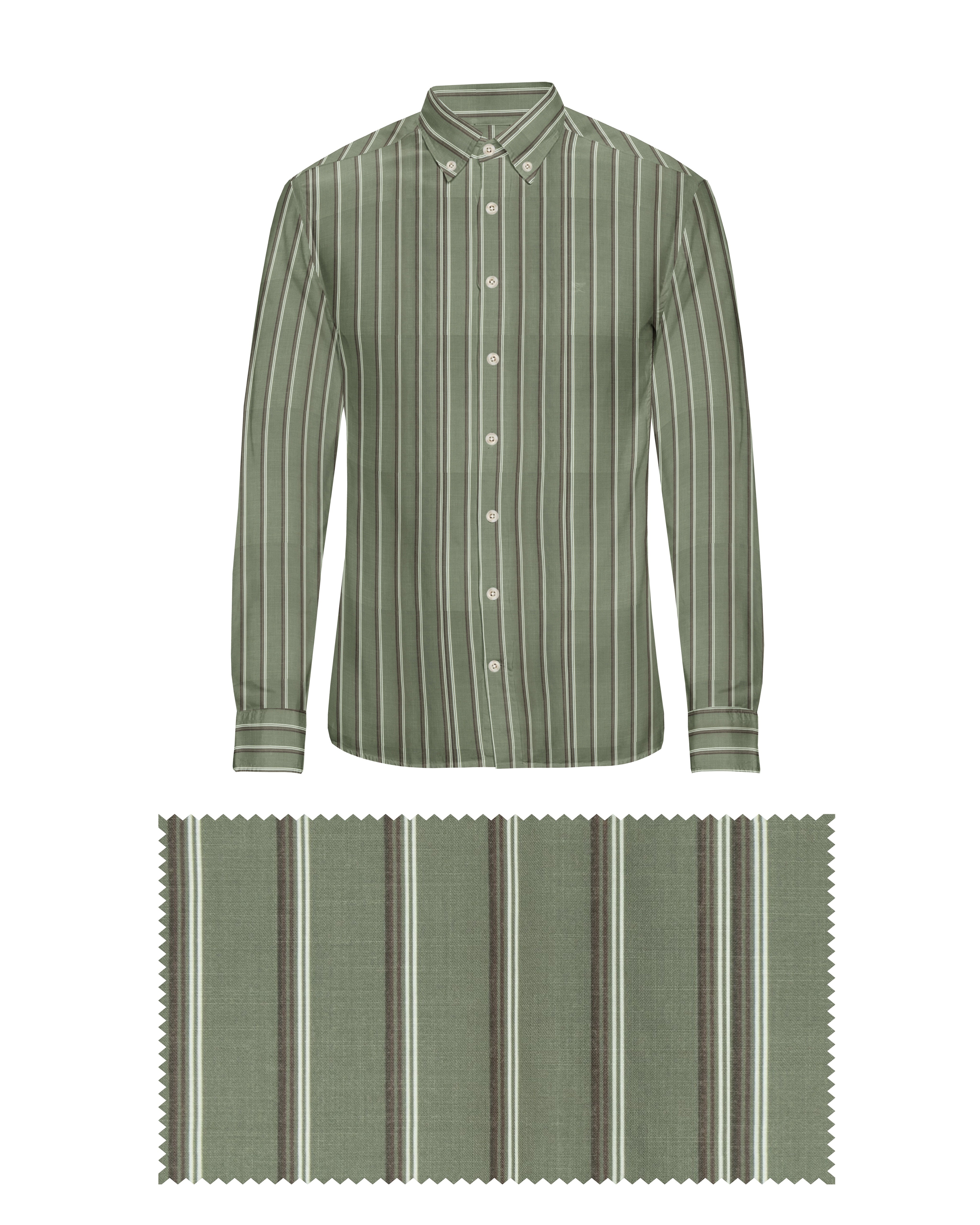 MULTI GREEN WITH WHITE & BROWN THIN LINE COTTON SHIRT + DARK HENNA GREEN FORMAL COTTON PANT