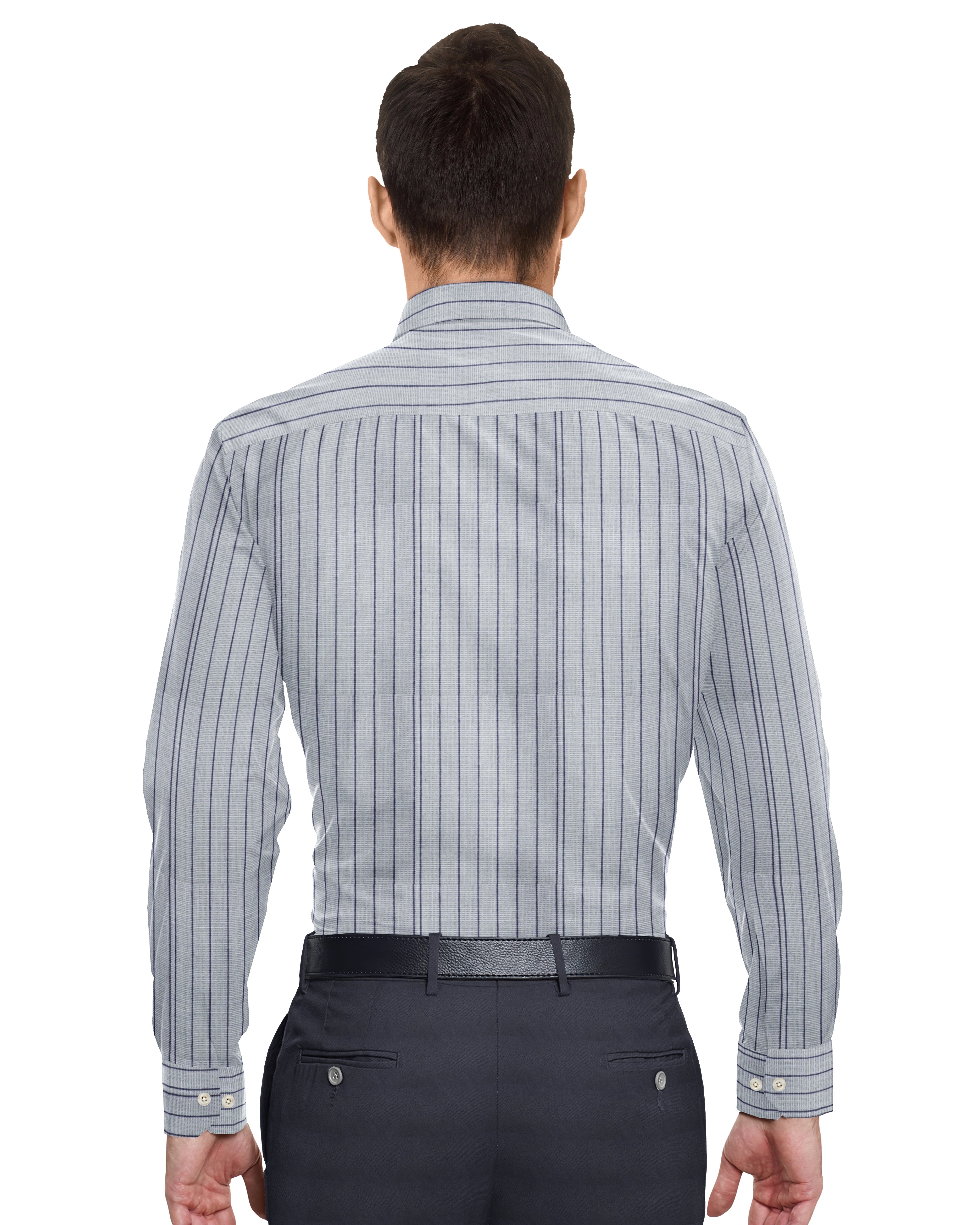 SILVER GREY WITH DARK BLUE THIN LINE COTTON SHIRT + HIGH BLUE FORMAL COTTON PANT