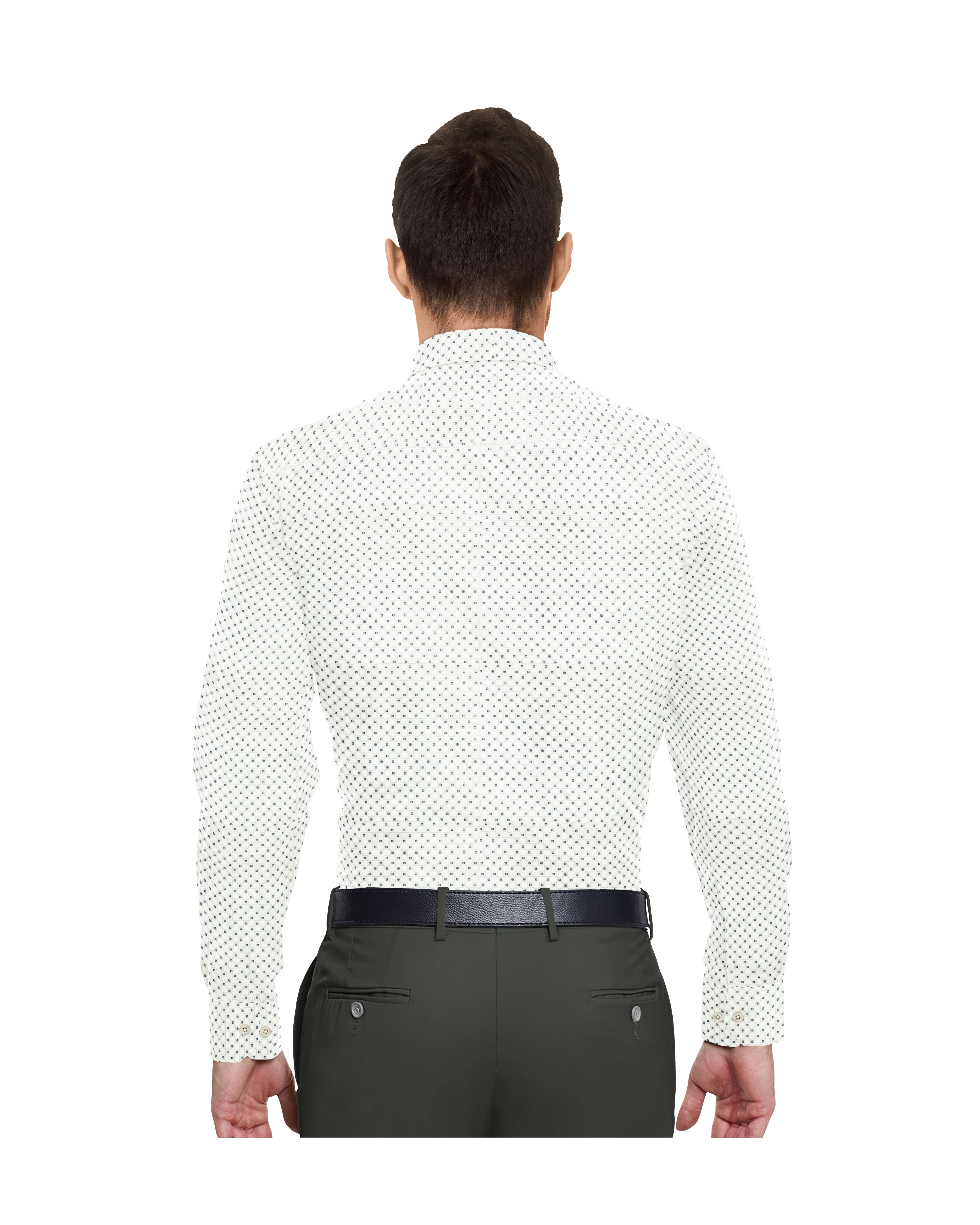 WHITE WITH LIGHT GREY & DARK GREEN SMALL PRINT COTTON SHIRT + DARK HENNA GREEN FORMAL COTTON PANT