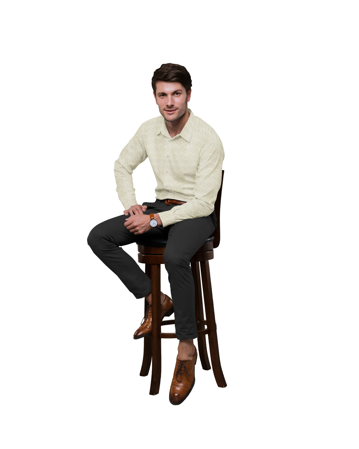 LIGHT YELLOW WITH DARK BROWN CHECKS PRINT COTTON SHIRT