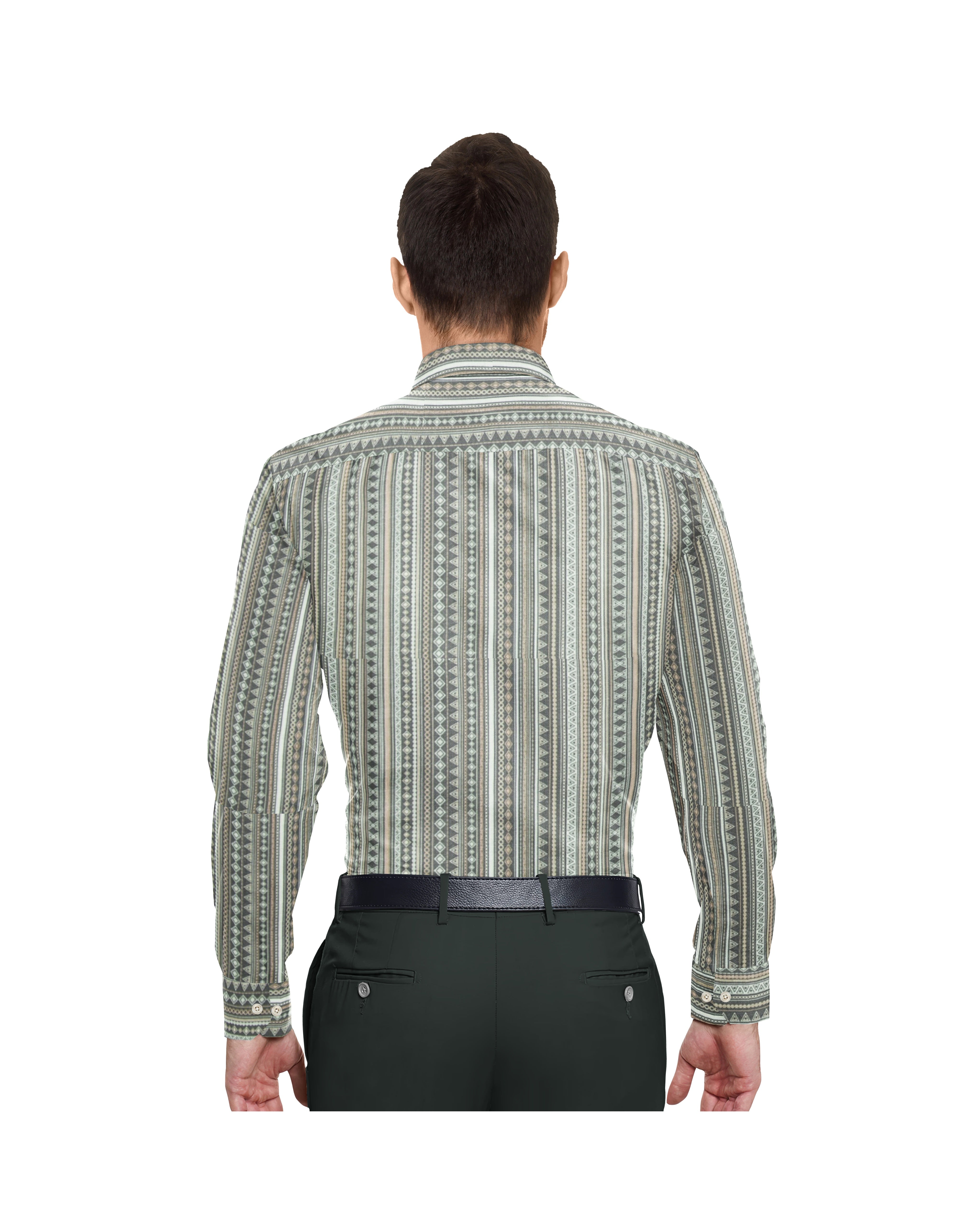 MULTI GREEN & BROWN STRIP LINE WITH DESIGNER PRINT COTTON SHIRT + DARK GREEN FORMAL COTTON PANT