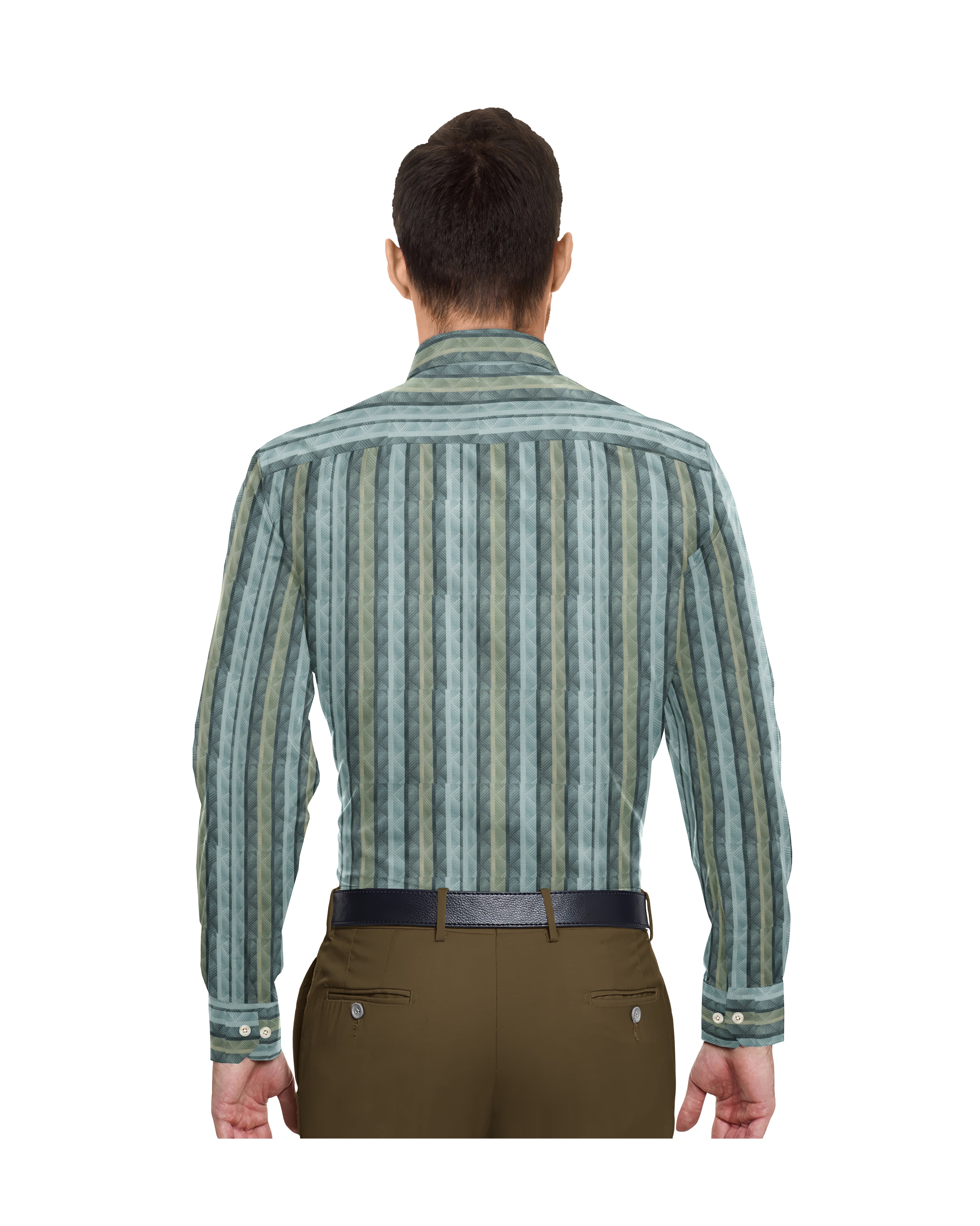 GOLDEN BROWN & GREEN VERTICLE LINE PRINT COTTON SHIRT + KHAKHI BROWN FORMAL COTTON PANT