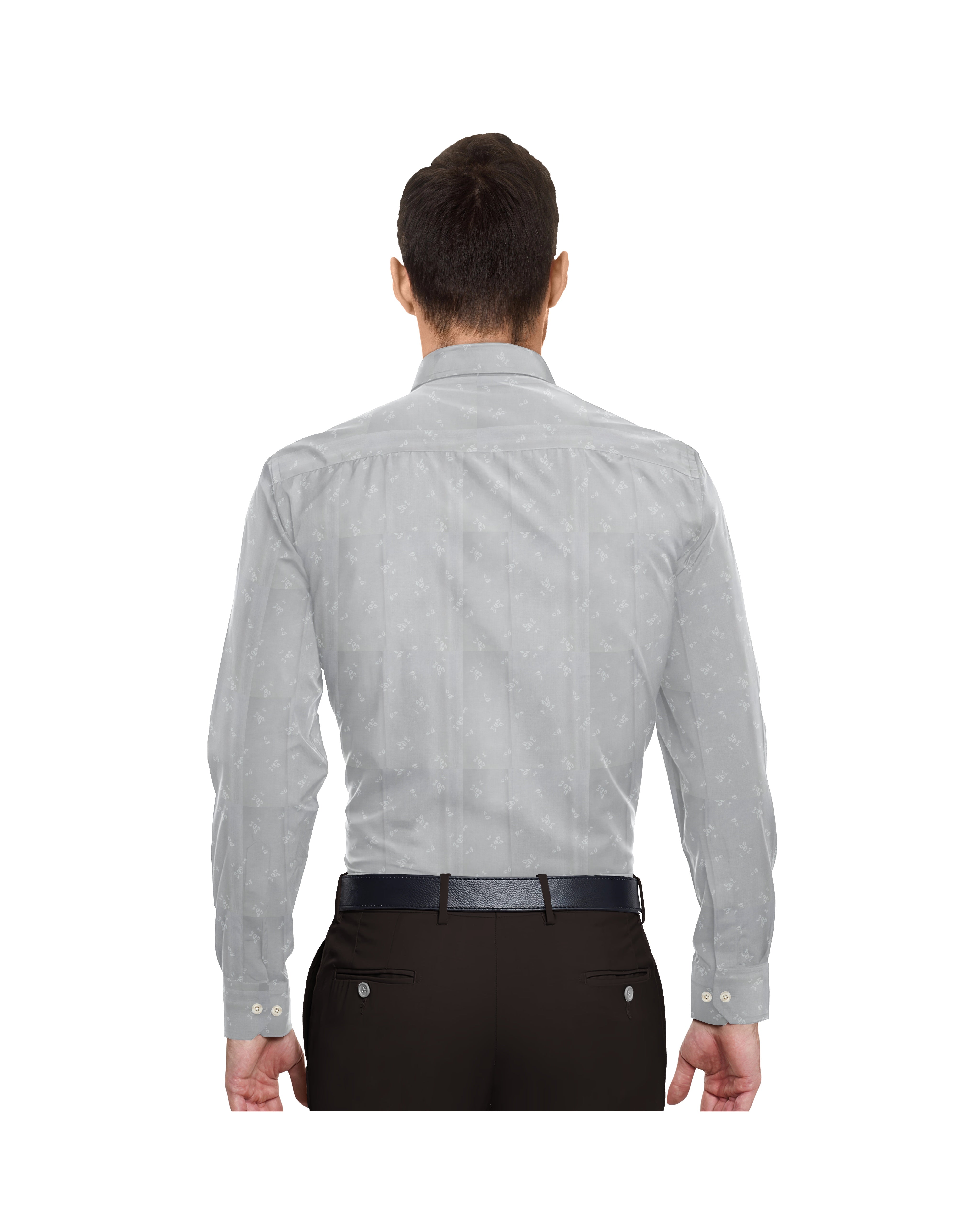 LIGHT GREY WITH WHITE LEAF PRINT COTTON SHIRT + DARK BROWN FORMAL COTTON PANT