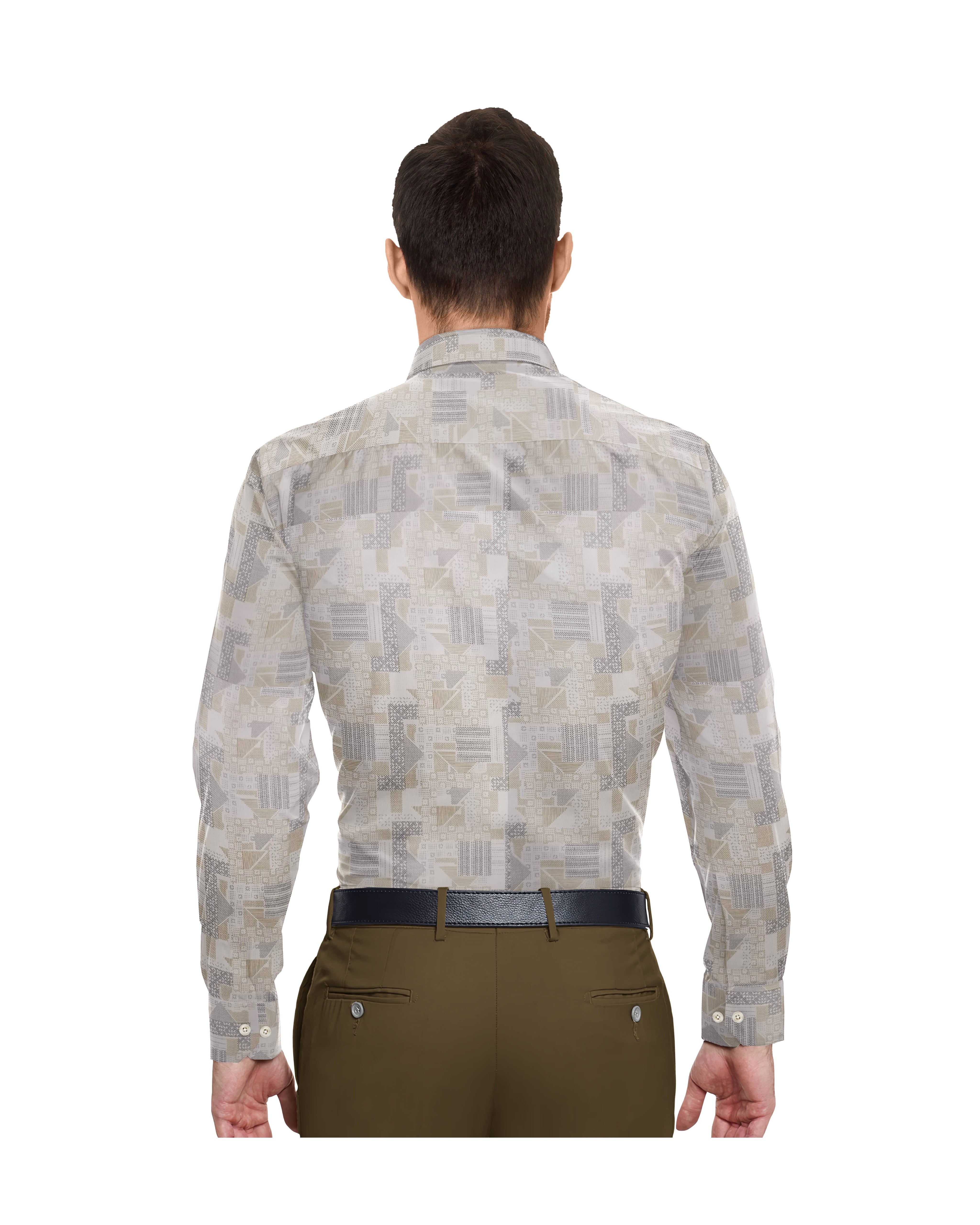 WHITE WITH LIGHT GOLDEN & GREY PRINT COTTON SHIRT + KHAKHI BROWN FORMAL COTTON PANT