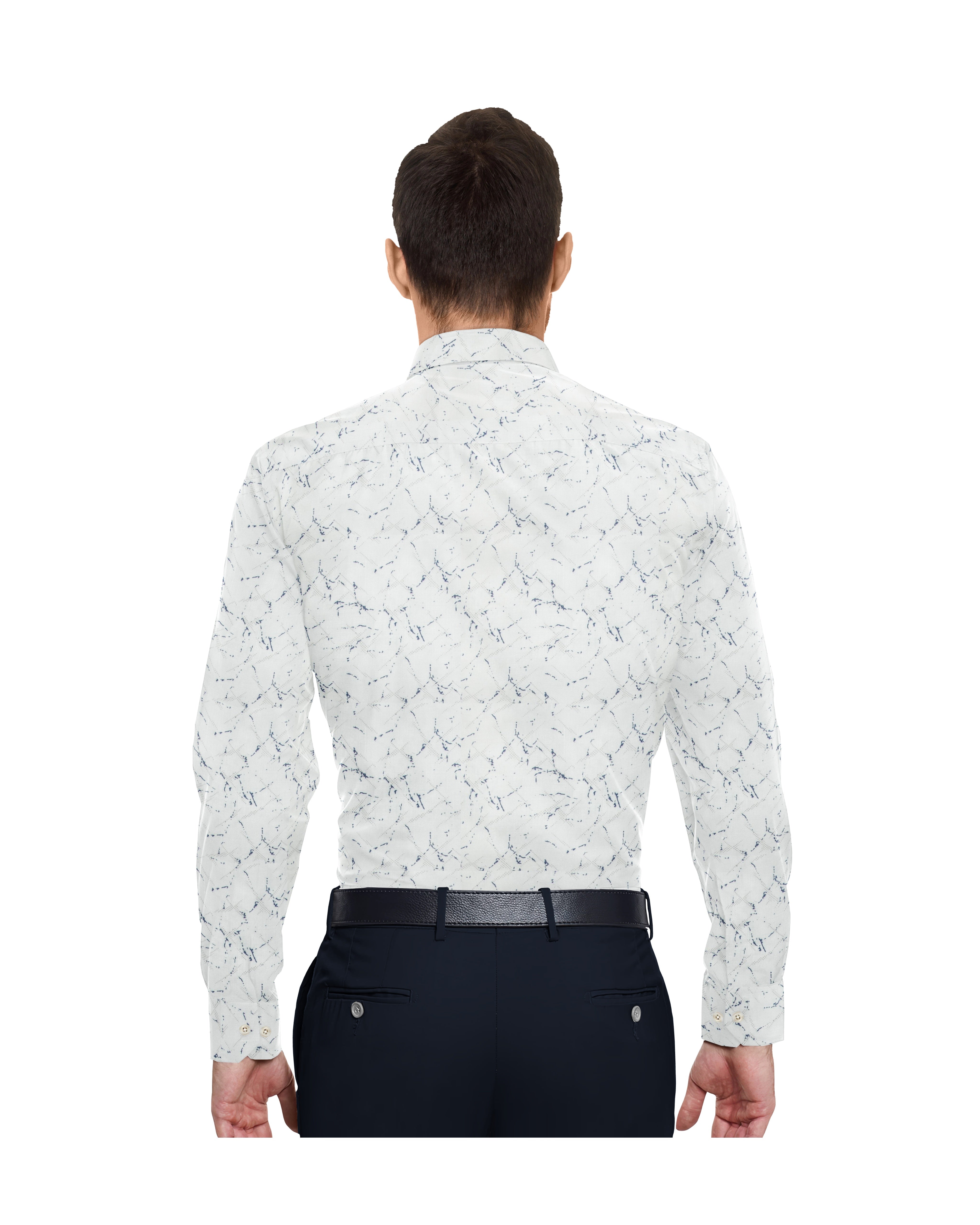 WHITE WITH LIGHT GREY AND BLUE DELUX PRINT COTTON SHIRT + DARK NEVY BLUE FORMAL COTTON PANT