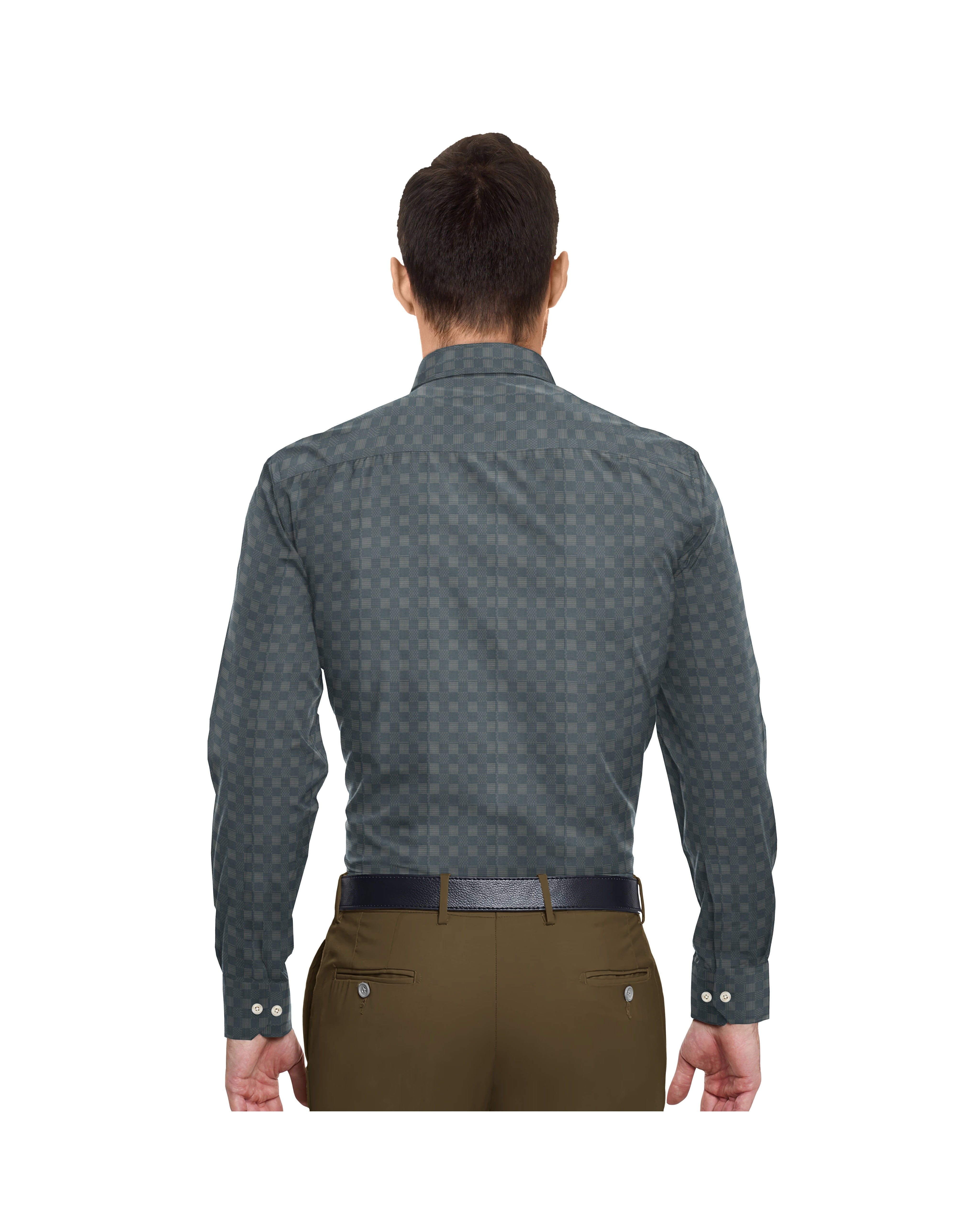 GREEN BLUE & GOLDEN COMBINATION SQUARE CHECKS PRINT  COTTON SHIRT + KHAKHI BROWN FORMAL COTTON PANT