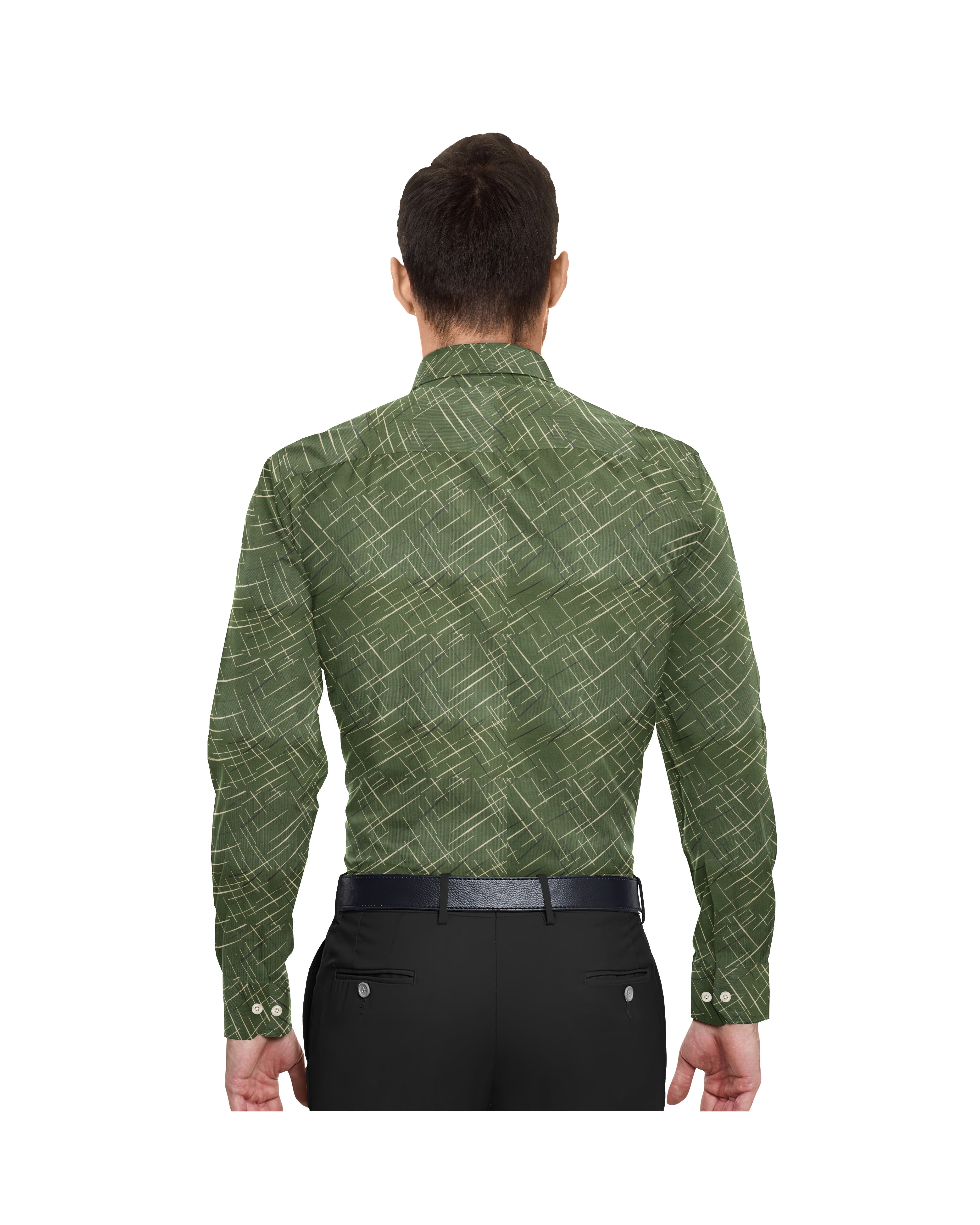 OLIVE GREEN WITH BLACK & YELLOW STRECH PRINT COTTON SHIRT + HEAVY BLUE FORMAL COTTON PANT