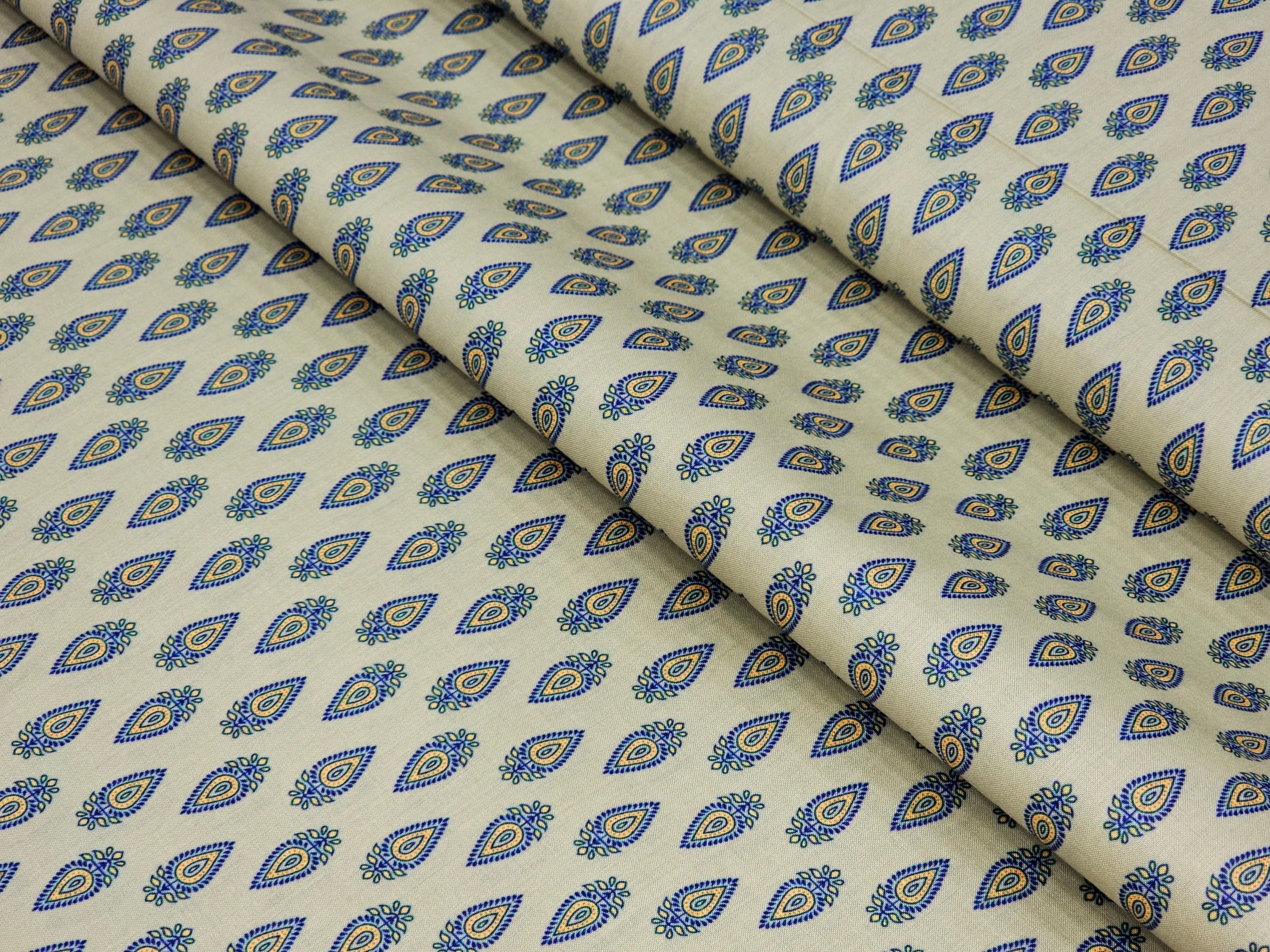 BEIGE WITH BLUE & YELLOW BUTTA PRINTED PREMIUM MIX COTTON SHIRT FABRIC.