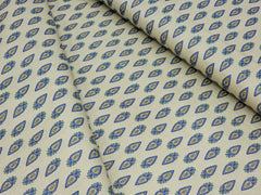BEIGE WITH BLUE & YELLOW BUTTA PRINTED PREMIUM MIX COTTON SHIRT FABRIC.
