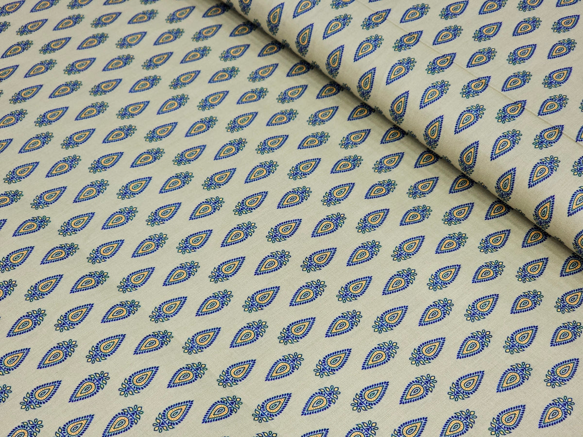 BEIGE WITH BLUE & YELLOW BUTTA PRINTED PREMIUM MIX COTTON SHIRT FABRIC.