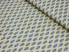 BEIGE WITH BLUE & YELLOW BUTTA PRINTED PREMIUM MIX COTTON SHIRT FABRIC.