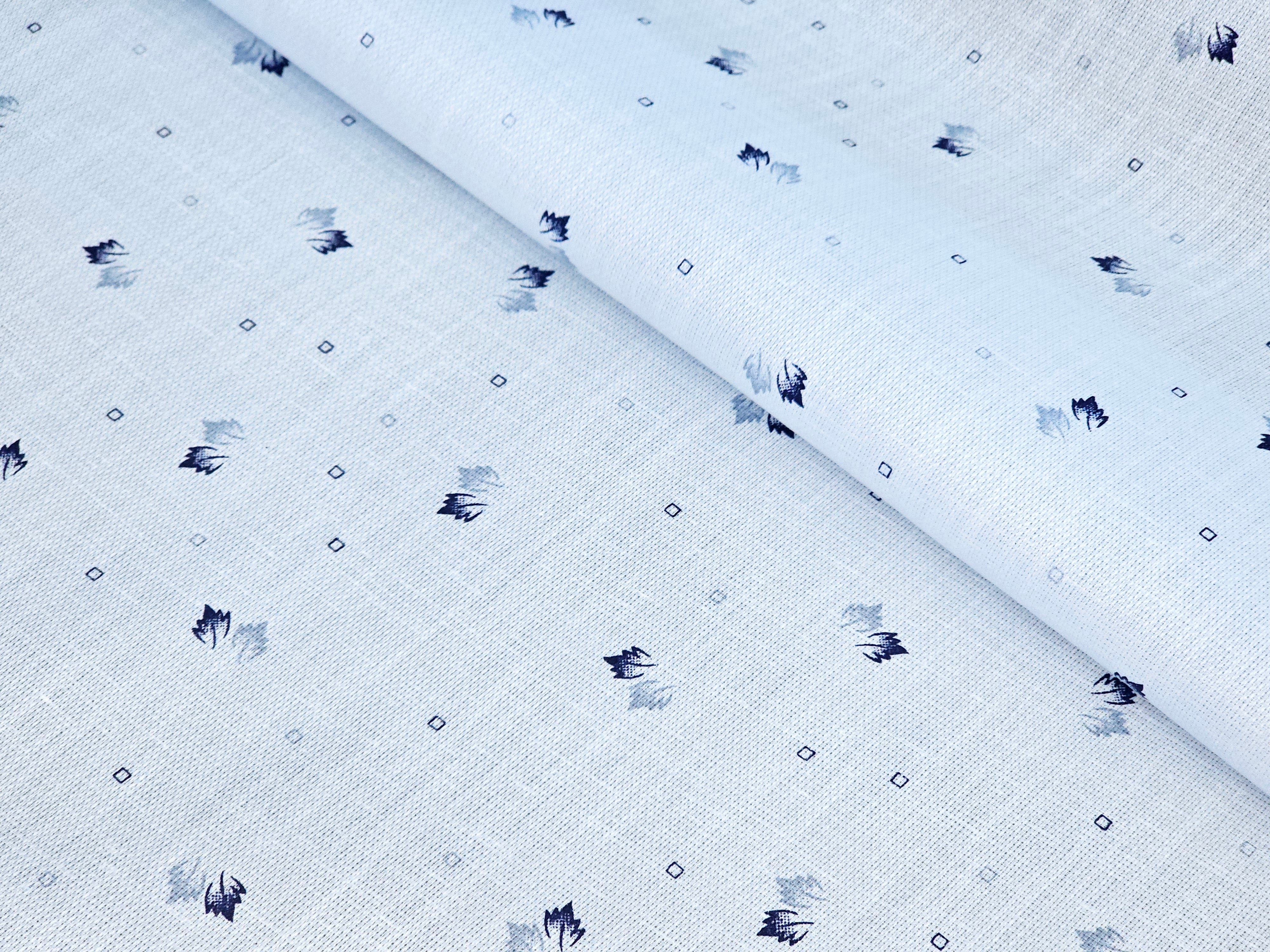 LIGHT SKY BLUE LEAF PRINTED PREMIUM MIX LINEN SHIRT FABRIC.