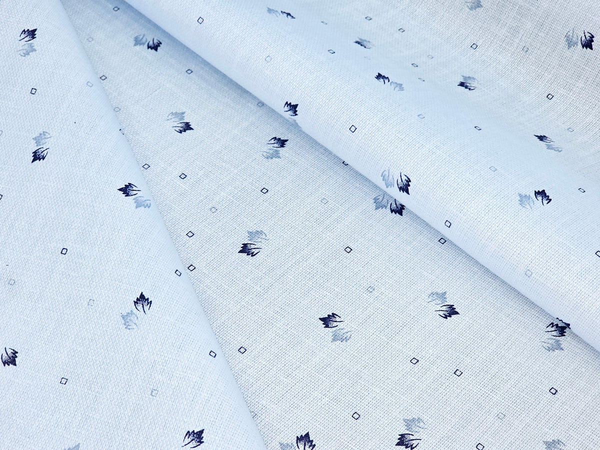 LIGHT SKY BLUE LEAF PRINTED PREMIUM MIX LINEN SHIRT FABRIC.