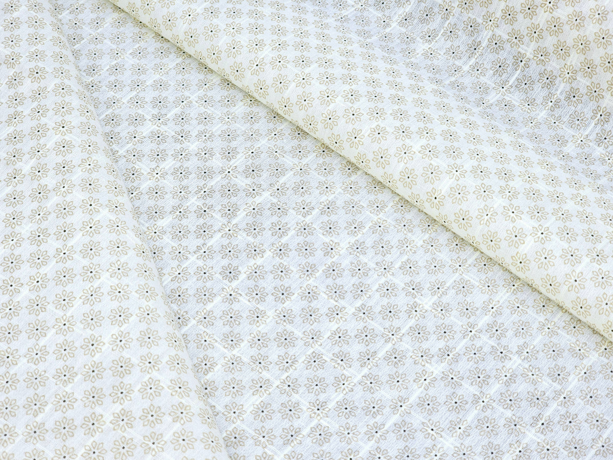 LIGHT YELLOW BROWN TEXTURE PRINT PRIMIUM MIX LINEN SHIRT FABRIC.