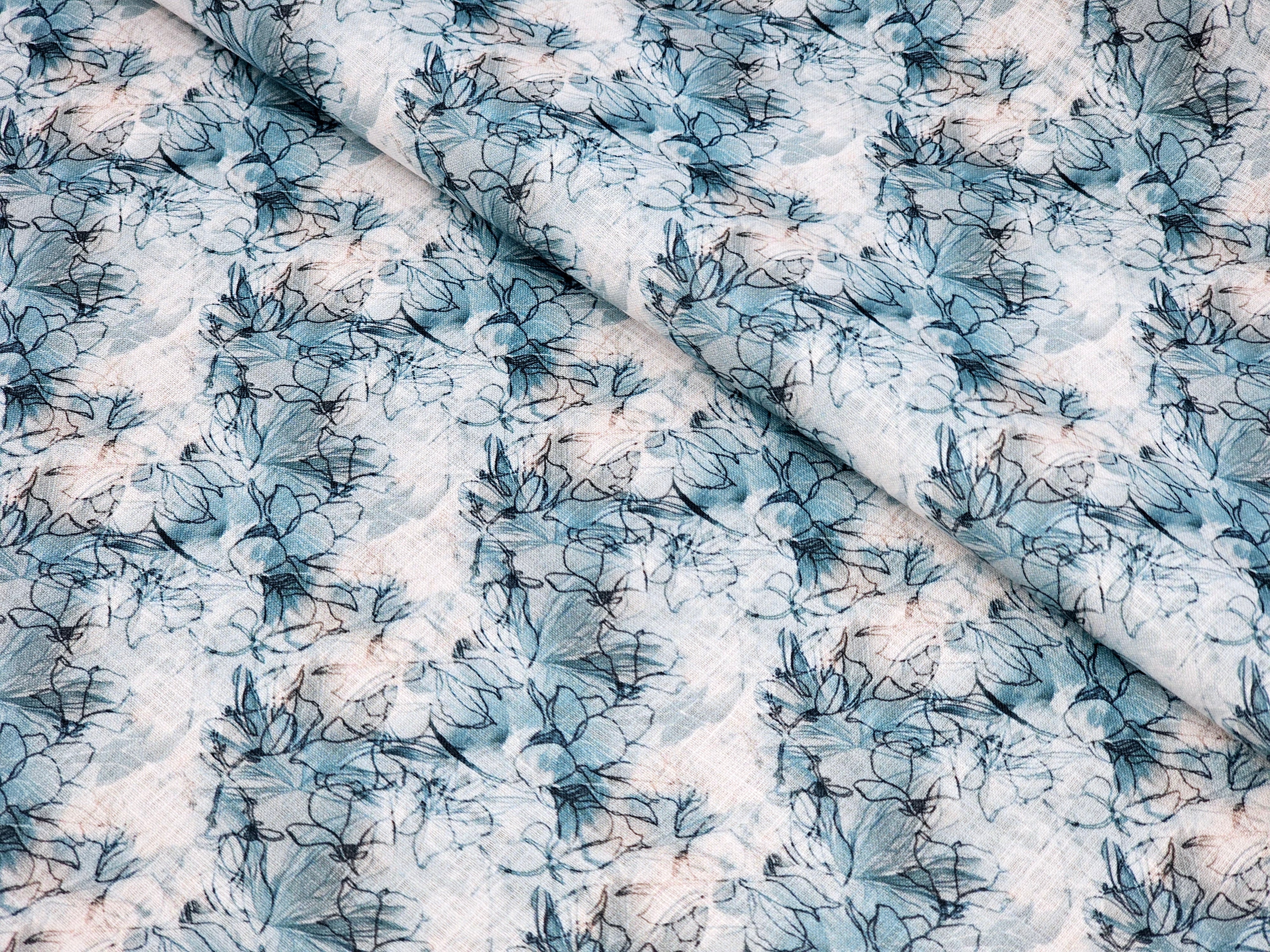 WHITE & BLUE FLORAL PRINTED PREMIUM MIX COTTON SHIRT FABRIC.