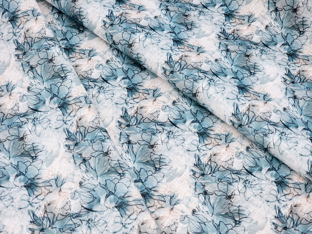 WHITE & BLUE FLORAL PRINTED PREMIUM MIX COTTON SHIRT FABRIC.