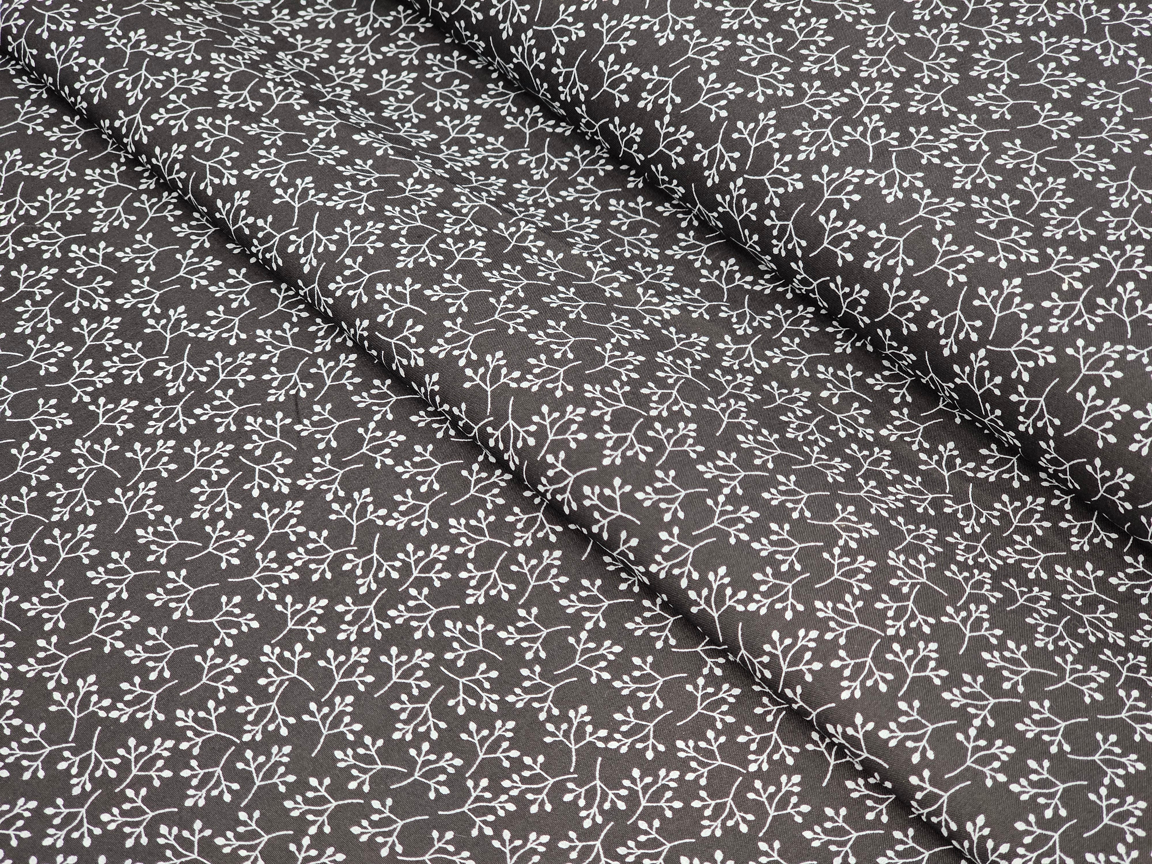 BLACK WITH WHITE LEAF PRINTED PREMIUM MIX LINEN SHIRT FABRIC.