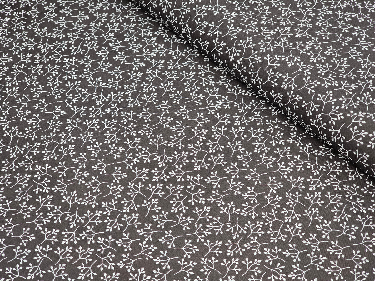 BLACK WITH WHITE LEAF PRINTED PREMIUM MIX LINEN SHIRT FABRIC.